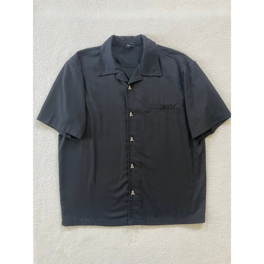 Steady Last Call Mens Large Shirt Black on Black Skull Crossbones Buttons USA